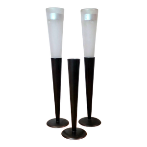 Set of 3 Northern Lights Malibu Tealight Holders, Matte Black Metal & Frosted Glass Modern Candle Stands