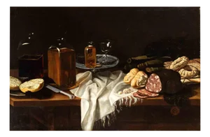 Unknown, Still Life with Salami, Bread, Biscuits and Glass Bottles, Oil Painting, 17th Century