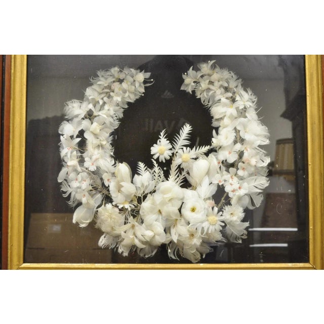 Victorian Antique Victorian White Feather Flower Mourning Wreath Mahogany Shadow Box Frame For Sale - Image 3 of 11