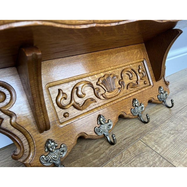 Vintage French Carved Oak 4-Hook Wall Coat Rack For Sale - Image 6 of 9