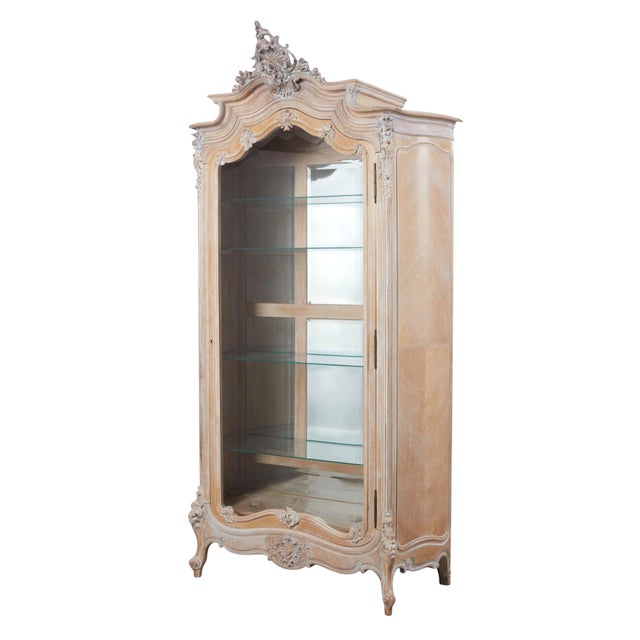 Antique Louis XV Style Limed Oak Vitrine Showcase Display Cabinet.