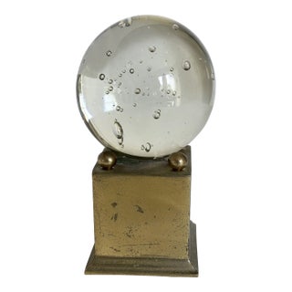 Circa 1970s Murano Bullicante Clear Bubble Glass Sphere with Brass Plated Pedestal Base For Sale