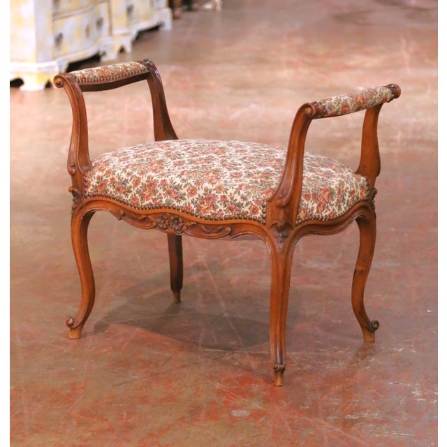 Mid 20th Century Mid-Century French Louis XV Style Carved Walnut and Upholstered Piano Bench For Sale - Image 5 of 12