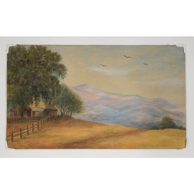 1930s Countryside Barn at Dusk Below Mt. Tamalpais - Original Oil Pastel on Paper by Grace Anna Pfister For Sale - Image 5 of 8