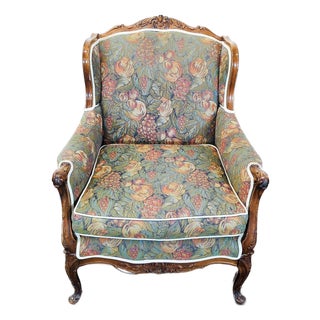 Vintage Lounge Armchair With Floral Upholstery and Carved Wood Frame For Sale