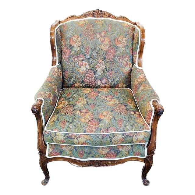 Vintage Lounge Armchair With Floral Upholstery and Carved Wood Frame For Sale