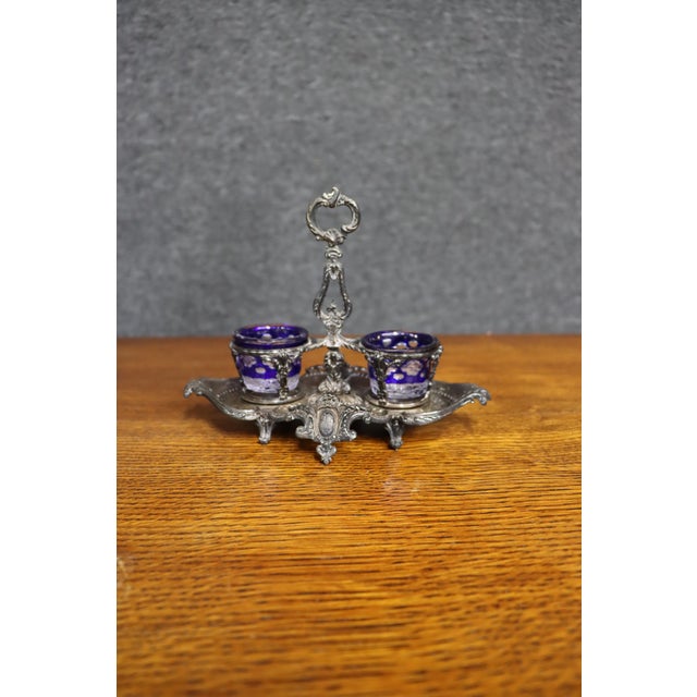 Late 19th Century Double Salt Cellar With Cobalt Blue Glass Liners, Rococo Revival For Sale - Image 9 of 13