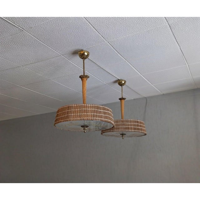 Pendant Lights attributed to Paavo Tynell with Hand-Painted Glass Diffusers attributed to Kyllikki Salmenhaara for Taito Oy, Finland, 1940s, Set of 2 For Sale - Image 4 of 18