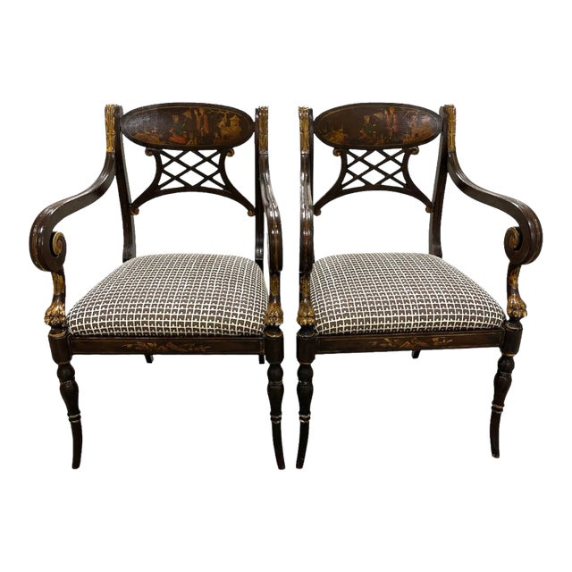 Vintage Chinoiserie Lattice Back China Seas Upholstered Armchairs - a Pair For Sale
