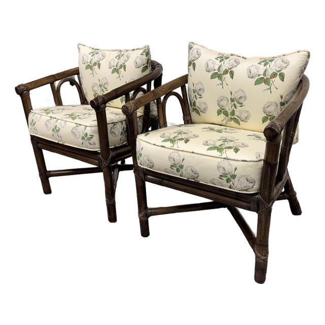 McGuire Furniture Barrel Back Bamboo Armchairs, Pair Vintage For Sale