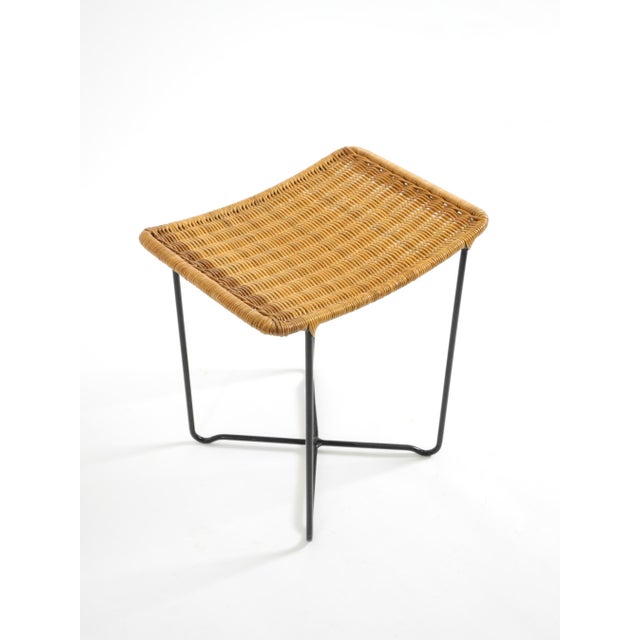 Wood Mid-Century Modern Rattan Stool with Black Iron Frame, 1950s For Sale - Image 7 of 18