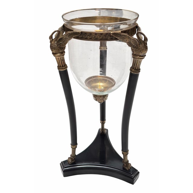 Mid 20th Century Pair of French Empire Style Bronze Swan & Glass Hurricane Lamp Candle Holders For Sale - Image 5 of 9