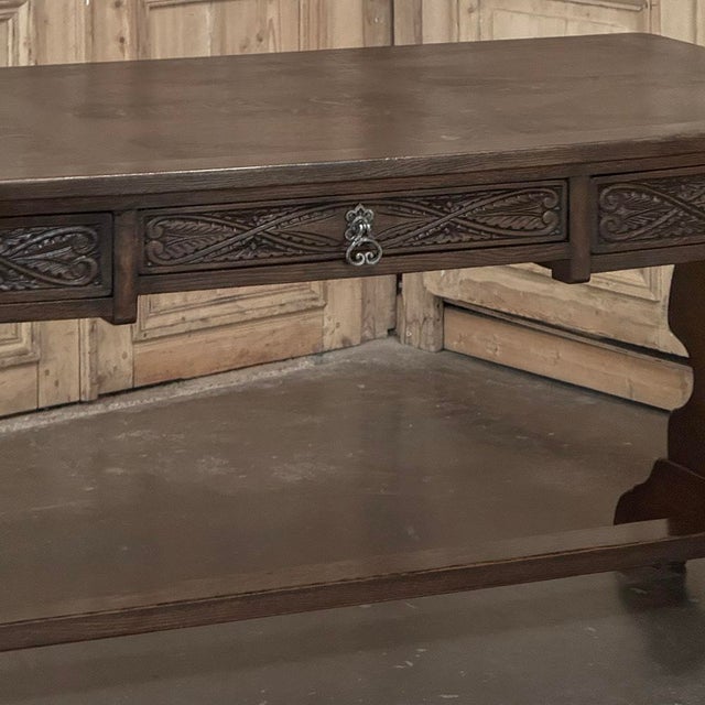 Early 20th Century Antique Neo Gothic Carved Oak Trestle Three Drawer Writing Desk For Sale - Image 5 of 18