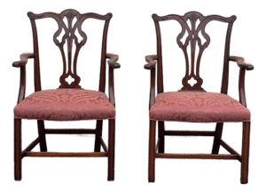Mid 20th Century Chippendale-Style Mahogany Armchairs With Upholstered Seats - Set of 2