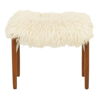 Mid-Century Danish Teak Ottoman in Long Hair Sheepskin, 1960s For Sale