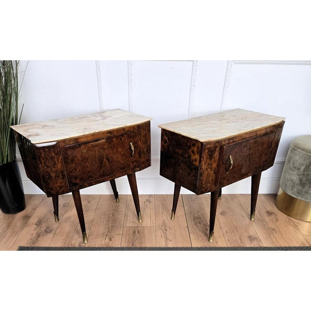 Mid-Century Modern Italian Wooden Nightstands with Marble Top, 1950s, Set of 2 For Sale - Image 9 of 11