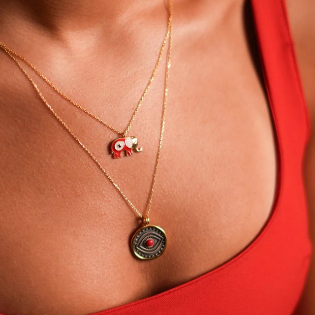 Wishful Elephant & Red Enamel Evil Eye Pendant Gold Chain Necklace For Sale - Image 4 of 8
