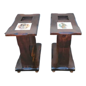 Pair Mid-Century Old Tavern Style Antiqued Pine Two-Tier Side Tables With Decorative Ceramics Inserts