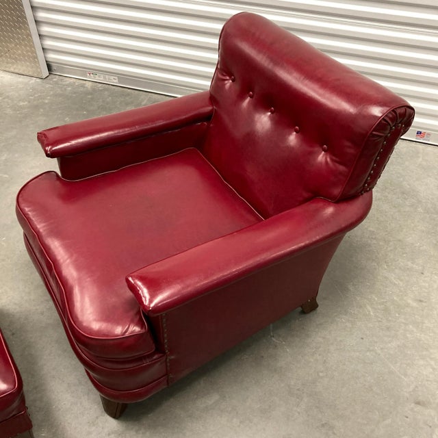 American Art Deco Club Chair & Ottoman in Red Naugahyde - a Pair For Sale - Image 9 of 13