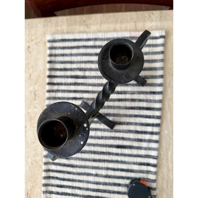 Black Antique Hand Forged Spanish Revival Wrought Iron Twisted Metal Candle Holder For Sale - Image 8 of 9