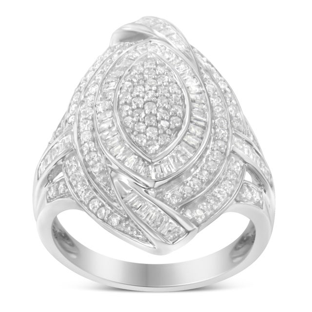 .925 Sterling Silver & 1-1/8 Cttw Diamond Marquise Shaped Cluster Triple Halo Knot Cocktail Fashion Ring (I-J Color, I2-I3 Clarity) - Size 6-1/4 For Sale - Image 4 of 7