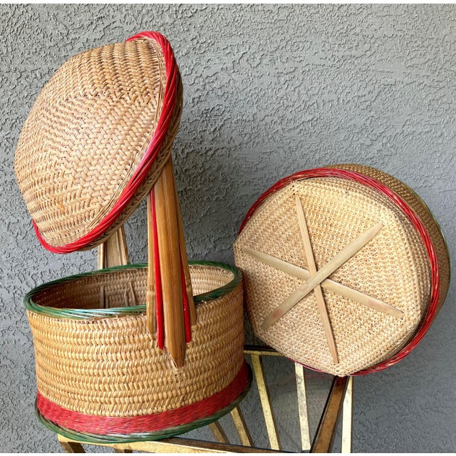 Circa 1960/1970 Chinese Rattan & Bamboo Two-Tier Betrothal / Wedding Basket For Sale - Image 16 of 18