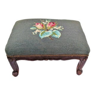 Antique American Needlepoint Upholstered & French Carved Footstool Bench For Sale