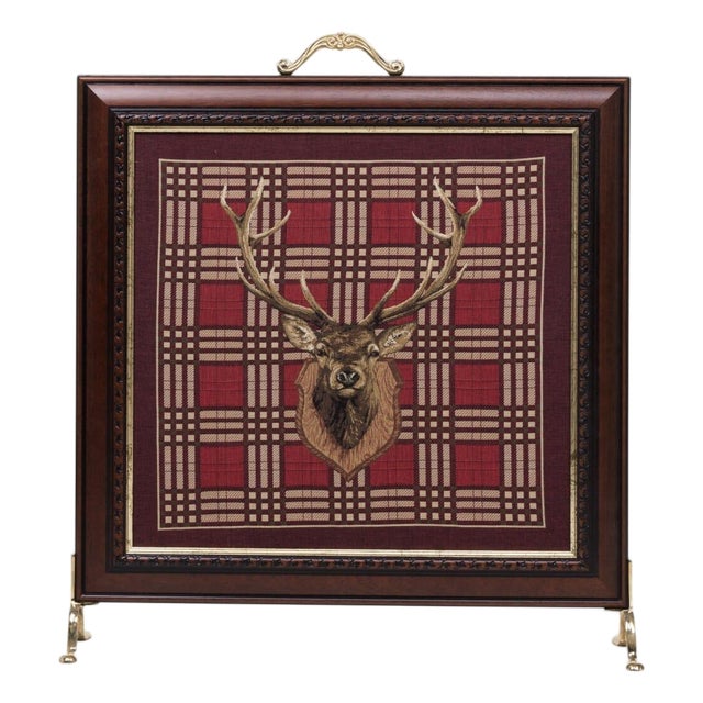 Stag Head's Plaid Tapestry Firescreen For Sale