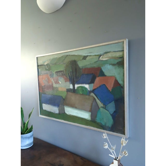 1963 Mid-Century Modern 'Houses by the Rolling Hills' Vintage Swedish Expressive Landscape Oil Painting, Framed For Sale - Image 6 of 12