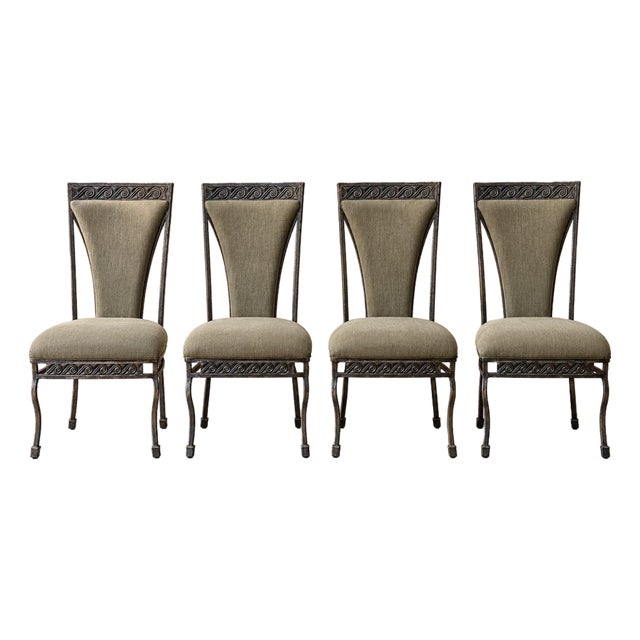 Vintage Sage-Green-Dining-Chairs Set of 4 | Wrought Iron Scroll Back Upholstered For Sale