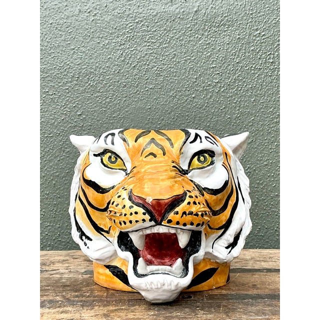 Animal Skin Vintage Italian Hand Painted Tiger Cache Pot For Sale - Image 7 of 12