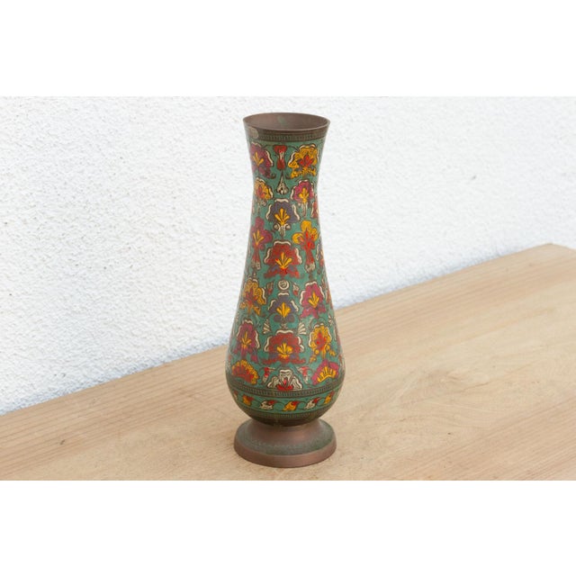 Mid-Century Etched Brass & Enamel Vase For Sale - Image 4 of 8