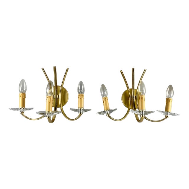 Vintage Wall Lamps in Gilt Brass and Crystal, Set of 2 For Sale