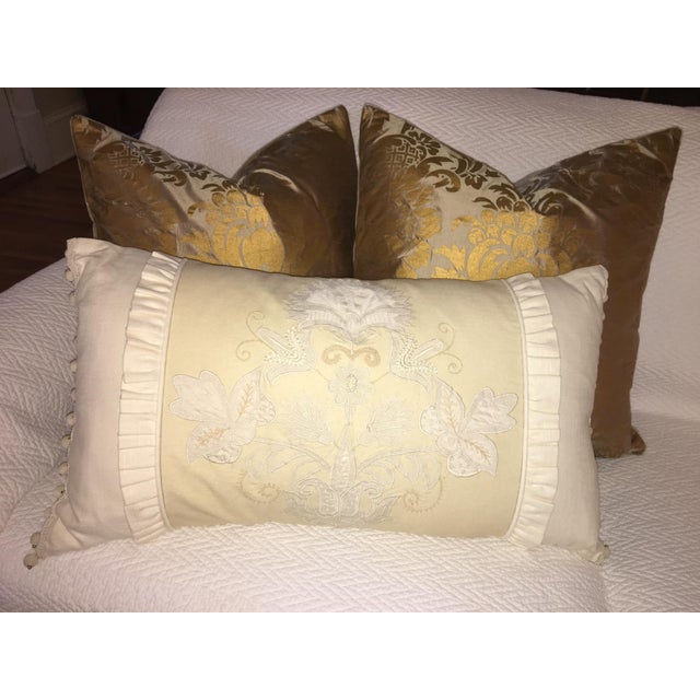 Timelessly elegant cream coloured linen is the background for this one-of-a-kind pillow cover: Dainty hand-embroidered...