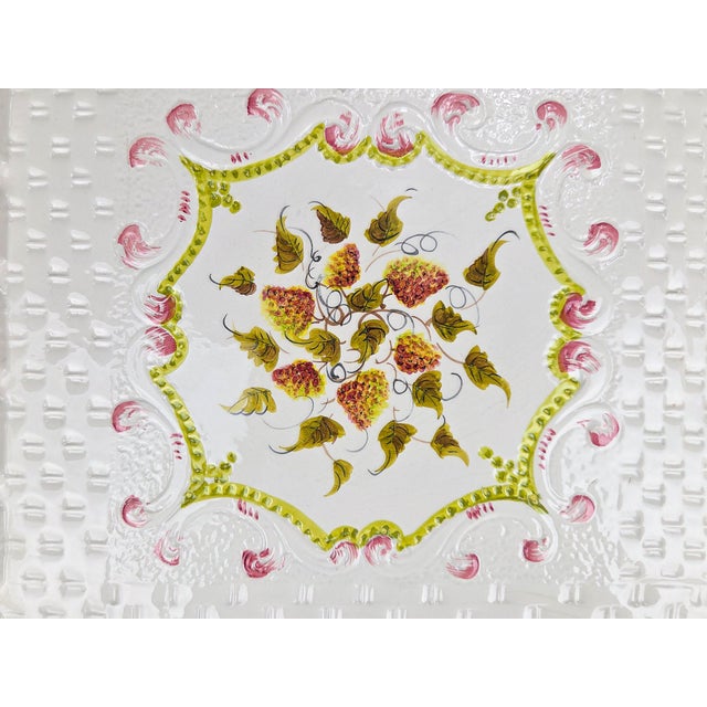 Mid 20th Century Vintage Italian Porcelain Cake Pastry Display Pedestal Stand Seashell Scalloped Edge and Hand-Painted Strawberries Made in Italy For Sale - Image 5 of 12