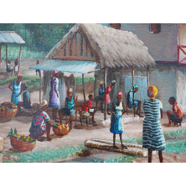Green Late 20th Century Late 20th Century Modern Realist Green and Blue-Toned Rural Village Market Landscape Painting byJean-Felix Defournoy For Sale - Image 8 of 12