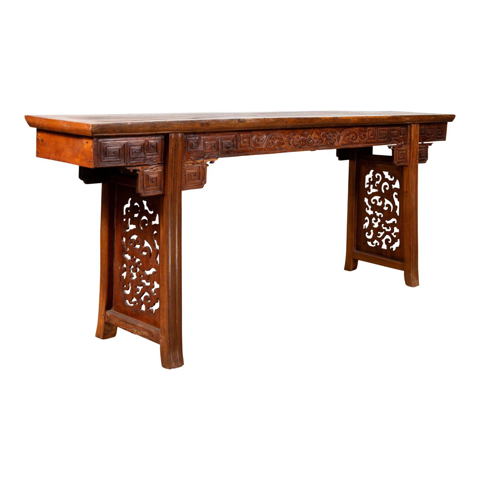 Chinese Antique Tall Altar Console Table with Meander Motifs and Carved