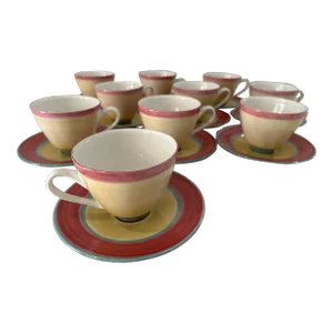 1980s Post Modern "Mallorca" Jade Raspberry Cups & Saucers by Ann Mallory Set- 10 Pieces