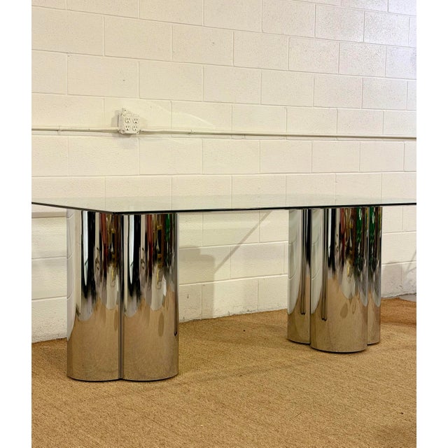 Chrome 1970s Mastercraft Sculptural Chrome & Glass Pedestal Rectangular Dining Table For Sale - Image 8 of 10