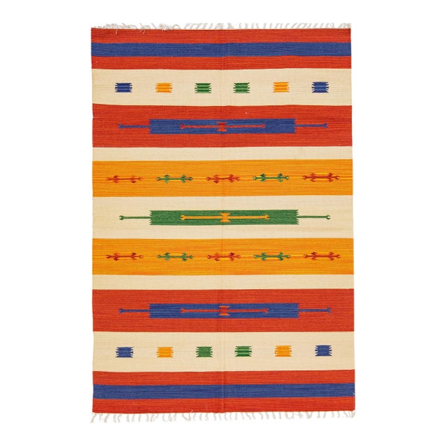 2020s Modern Kilim Handmade Multicolor Geometric Wool Rug For Sale