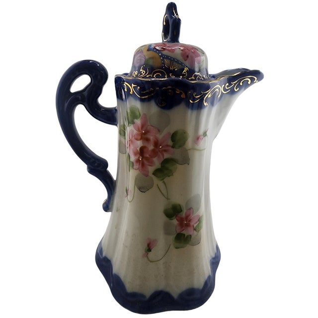 Art Nouveau Antique Porcelain Hot Chocolate Pot With Beaded Overlay Design For Sale - Image 3 of 6