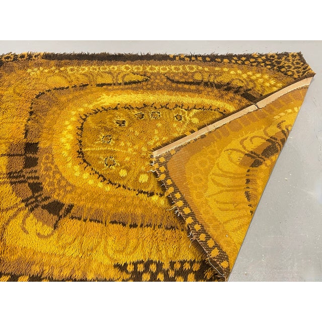 1970s Vintage 1970’s Rya Rug – Mid Century Modern Mustard Yellow & Brown Shag Rug, C. 1970’s For Sale - Image 5 of 13