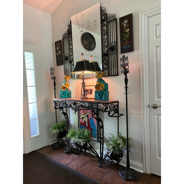 C.1910 Chinoiserie Sailboat Wrought Iron Torchieres Floor Lamps a Pair For Sale - Image 11 of 11