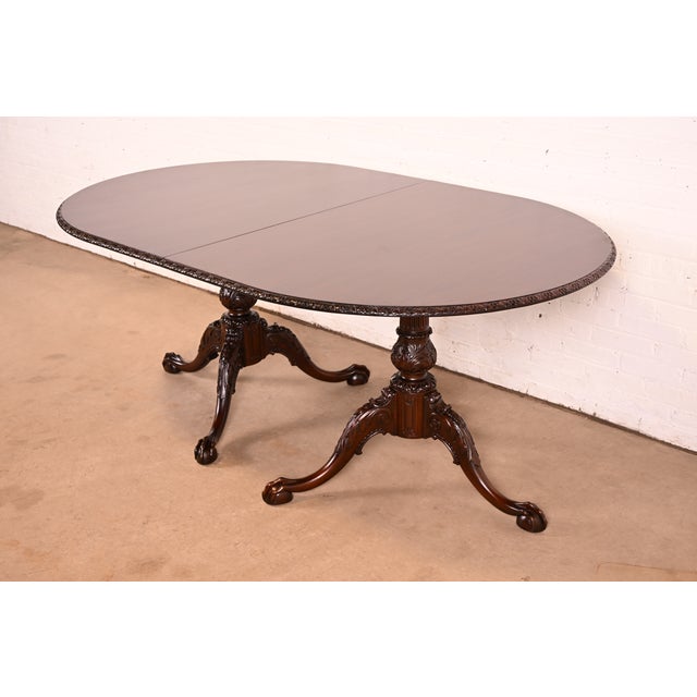 Brown 19th Century Antique Georgian Carved Mahogany Double Pedestal Extension Dining Table, Newly Refinished For Sale - Image 8 of 13