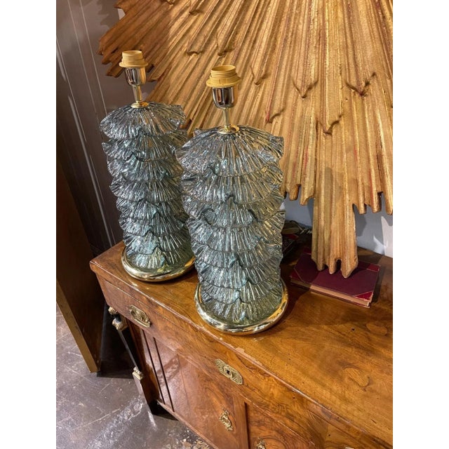 Pair of Modern Murano Ruffle Glass Lamps in Fontina Green For Sale In Dallas - Image 6 of 6