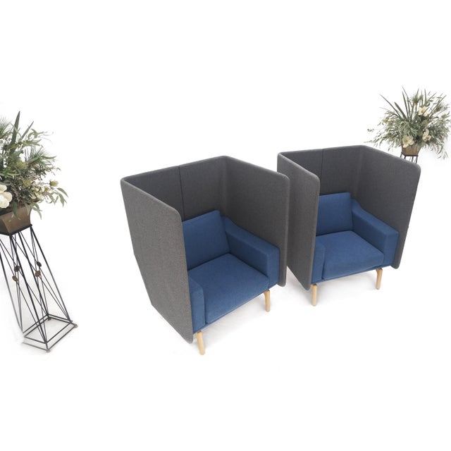 Pair Mid Century Modern Wingback Lounge Chairs Blue Grey Wool Upholstery MINT! For Sale - Image 9 of 18