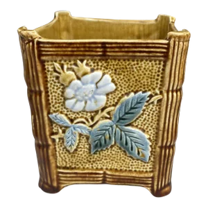 19th French Square Majolica Jardiniere With White Flower