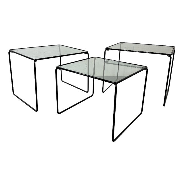 Modernist Italian Steel and Glass Set of Nesting Tables, 1970s, Set of 3 For Sale