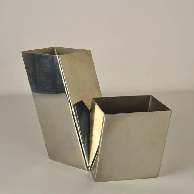 Sculptural geometric 1960s Italian vase consisting of two leaning sections that are interlinked. The vase is constructed...
