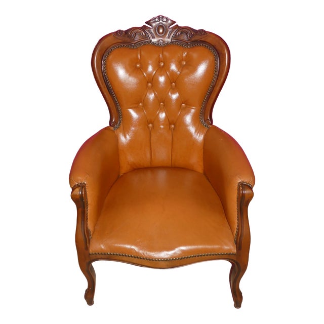 Chippendale Chesterfield Armchair in Caramel Leather, 1960s For Sale